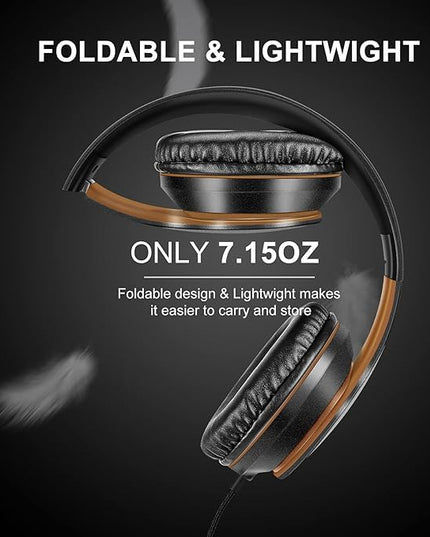 LORELEI X6 Over-Ear Headphones With Microphone, Lightweight Foldable & Portable Stereo Bass With 1.45M No-Tangle Wired for Smartphone Tablet MP3/4 (Black-Gold)