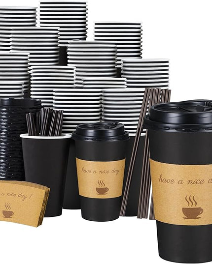 Lamosi 16 oz Coffee Cups 50 Pack, Disposable Coffee To Go Cups with Lids, Stir Sticks and Sleeves, 16 oz Black Hot Paper Cup for Home, Travel, Office