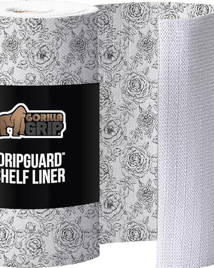 GORILLA GRIP DripGuard Shelf Liner, Non Adhesive Drawer and Kitchen Cabinet Protector, Slip Resistant BPA Free Smooth Surface Plastic Liners for Cabinets, Bathrooms, Closets, 12x240 Inch, Floral Gray