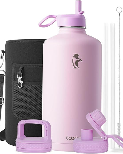 Coolflask 128 oz Gallon Water Bottle Insulated with Straw&3 Lids, Water Jug Large Stainless Steel Metal Vacuum Wide Mouth for Sports, Gym or Office, Non-BPA Keep Cold 48H Hot 24H, Pink