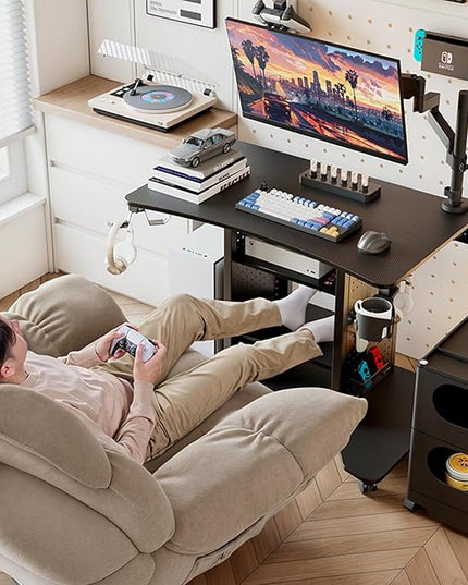 EUREKA ERGONOMIC Gaming Desk Computer, 37" Rolling Desk on Wheels for Small Space, Mobile Computer Cart with Pegboards Adjustable Shelves for Gaming PS Switch Home Office - Black