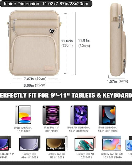 MoKo 9-11 Inch 360° Protective Tablet Sleeve Bag, Fits 11 inch iPad Air M3, iPad A16 2025, Pro 11 M5, iPad 10/9/8/7th, Tab S8/S9 11, Multifunctional Bag with Shoulder and Headphone Port, Sand