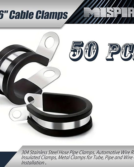 MISPIRE 3/16 Inch Rubber Cable Clamps 50 PCS, 304 Stainless Steel, Black, 50pcs 3/16" Clamps with 6.5mm Hole, Fits #14 Screws and Bolt, Ideal for Automotive, Industrial, Marine, Household Applications