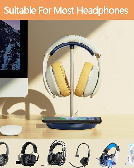 Headphone Stand with Wireless Charger, Gaming Headset Holder Hanger Rack 2 in 1 Wireless Charging Station Dock for iPhone 15/14/13/12/11 Series, Samsung, AirPods Pro/3/2, Aluminum Alloy Rod, Navy Blue