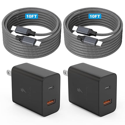 Extra Long 10Foot 45W Samsung USB C Fast Charger Block Dual Port PD Power Adapter Fast Charging Block,2Pack 10FT Type C Super Quick Charging Cord for Samsung Galaxy S25 Ultra/S25/S24/S23/S22 and More