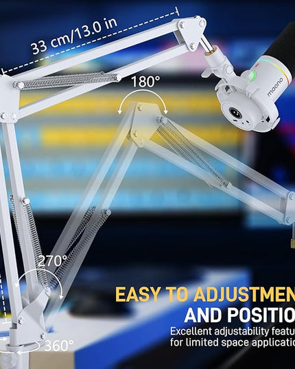 MAONO Boom Arm Microphone Stand: Adjustable Metal Suspension Mic Boom Arm for Podcasting Gaming Streaming Recording,with Desk Clamp and 3/8" to 5/8" Screw Adapter-Max Load 1KG BA20 White