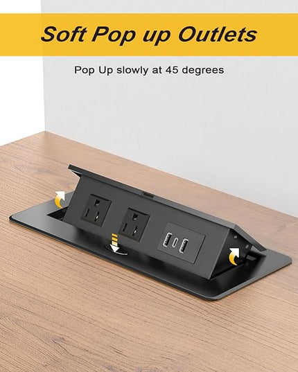UL Listed Recessed Power Strip, Pop Up Power Cover Box Desktop Socket with PD 20W USB C Charging Ports, Stainless Steel Receptacle Outlet for Conference Room Countertop (Black-USB C)