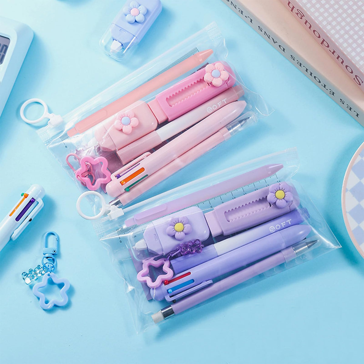 MOZXIRZ 8 Pcs Cute Pink Stationery Set for Women Office Supplies Back to School Supplies Kawaii Stationery Gift Including Pen Pencil Eraser Highlighter (Pink)