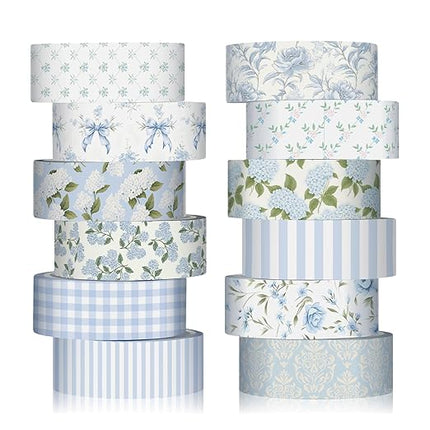 YooNotee 12 Rolls Watercolor Floral Washi Tape Set 15 mm Vintage Flower Decorative Masking Tape for Arts DIY Craft Scrapbook Envelope Party Supplies Gift Wrapping (Dusty Blue,Rose and Hyacinth)