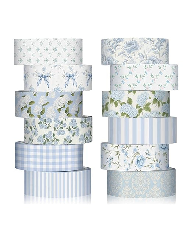 YooNotee 12 Rolls Watercolor Floral Washi Tape Set 15 mm Vintage Flower Decorative Masking Tape for Arts DIY Craft Scrapbook Envelope Party Supplies Gift Wrapping (Dusty Blue,Rose and Hyacinth)