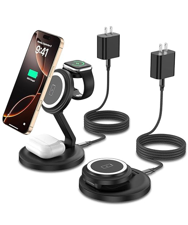 3 in 1 Foldable Wireless Charger iPhone Charging Station, 2Pack Magnetic Stand Wireless Charger Dock for Apple Multple Devices, with PD Adapter and USB C Cable for iPhone, iWatch & Airpods All Series