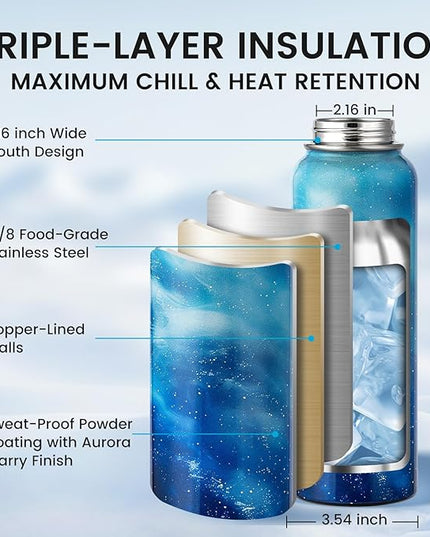 40oz Insulated Water Bottle, Triple Wall Vacuum Stainless Steel Water Bottles - Keeps Cold 48H, Reusable Metal water flask Jug for Gym, Sports, Camping, Hiking,Travel, Aurora-Blue