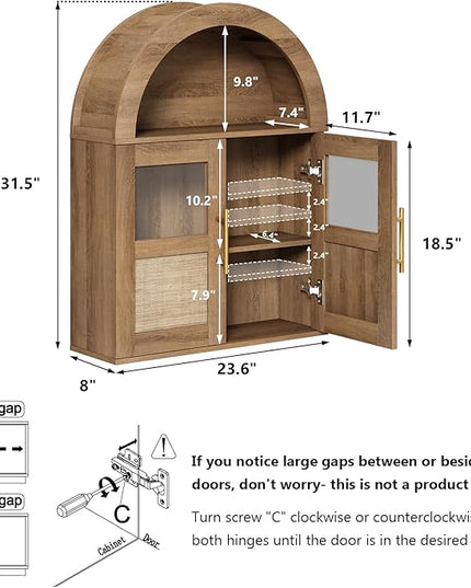 RUSTOWN Arched Bathroom Wall Cabinet, Rattan Medicine Cabinet with 2 Glass Doors, Farmhouse Over The Toilet Storage Cabinets with Adjustable Shelves, 3-Tier Wall Mounted Cabinets