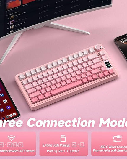 AULA S75 PRO Wireless Mechanical Keyboard with Screen&Knob, Tri-Mode Hot Swappable Gaming Keyboard 75%, Pre-lubed Switches, RGB Backlit, Side Printed PBT Keycaps, Creamy Sounding Pink Keyboards