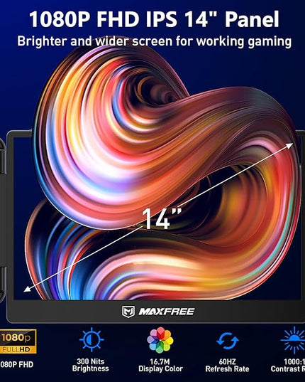 Maxfree Laptop Screen Extender, S1 14'' Laptop Monitor Extender Dual Screen Plug & Play, 1080P FHD Portable Monitor for 13.3-17'' Laptops, Compatible with macOS/Windows/Dex/Android/Switch/PS5