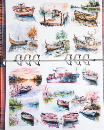 Dwpetzo Vintage Lake Boat Scenery Scrapbook Stickers Set, 120 Pieces Decorative Transparent PET Stickers for Journaling, Junk Journal Supplies, Collage, Scrap Book, Bujo