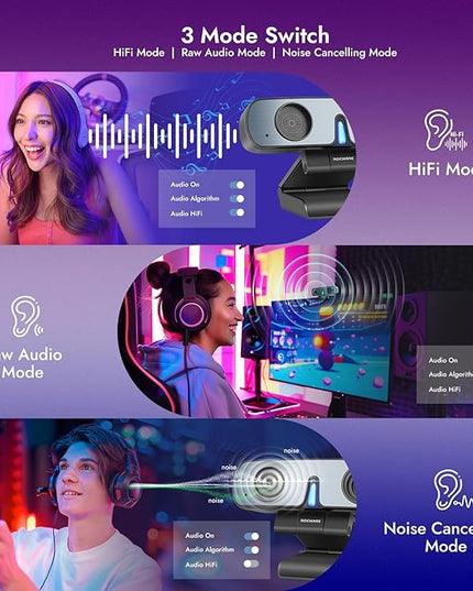ROCWARE RC28 1080P 60FPS Webcam with Dual Microphones | Cardioid & Omnidirectional Pickup, Hi-Fi Sound, AI Noise Cancellation & Raw Audio Modes for Streaming, Video Calls & Studio-Quality Recording