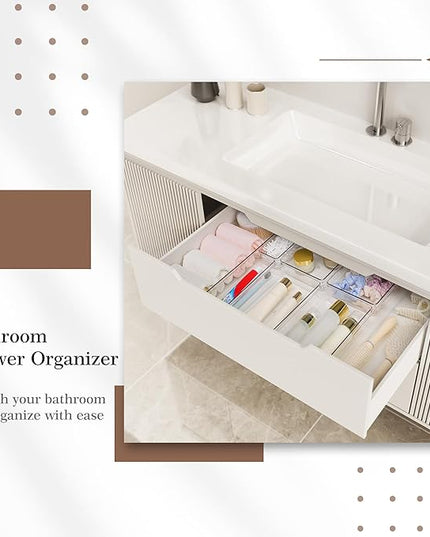 Criusia 11 PCS Clear Plastic Drawer Organizer Set - 5 Large Size Versatile Kitchen and Bathroom Organizer Trays, Non-Slip Storage Bins for Makeup, Utensils, Tool and Office Desk