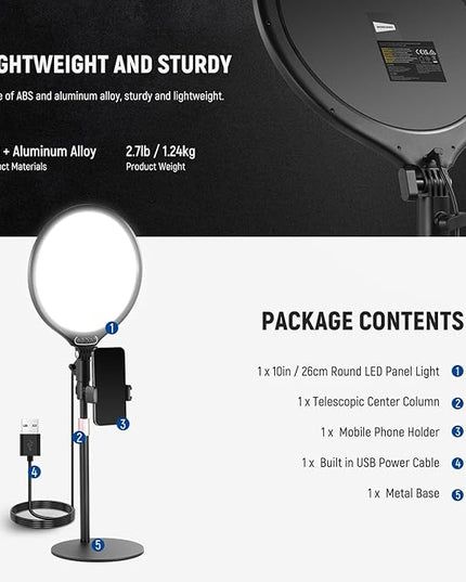 NEEWER Basics 10.5" Desk Ring Light with Stand/Phone Holder/Timer, 3000-6500K Full Screen 15W LED Selfie Panel Lighting for iPhone Recording Streaming Makeup Laptop Webcam Video Conference Zoom, R10