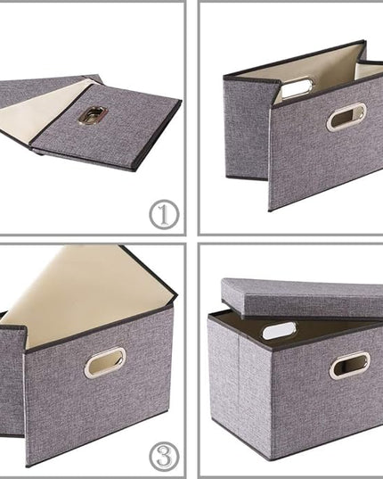 PRANDOM Foldable Storage Boxes with Lids [3-Pack] Linen Fabric Collapsible Storage Bins Organizer Containers Baskets Cube with Cover for Home Bedroom Closet Office Nursery (14.9x9.8x9.8)
