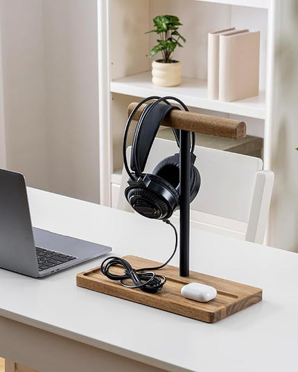 FARM IN Solid Acacia Wood Headphone Stand for Desk Rustic Headset Holder with Storage Base for Gaming and Office Accessories