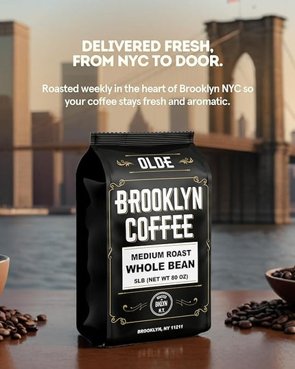 BROOKLYN COFFEE Whole Bean, Classic Medium Roast (5lb) Balanced, Smooth, Mellow - Fresh Bulk Coffee Beans Roasted Weekly in NYC
