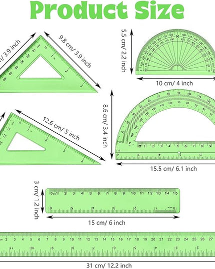 Tenare 1 Set Plastic Clear Math Set Includes Protractor Triangle Rulers 12 Inch 6 Inch Straight Geometry Math Transparent Ruler Measuring Tool for School Office Home Supplies (Green)