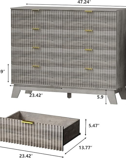 Fluted Dresser for Bedroom, 8 Drawer Dressers & Chest of Drawers, Mid Century Modern Dresser for Closet Boho Bedroom Furniture, Nature Wood Chest of Drawers Storage Organizer for Living Room,Grey
