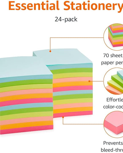 Amazon Basics Square Sticky Notes, Office Supplies for Desk, 3-x-3-inch, 24-Pack, Assorted Colors