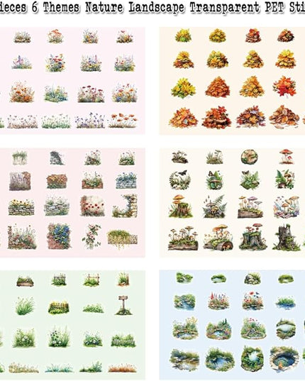 Nature Landscape Scrapbooking Sticker Set, 240 Pieces, 6 Themes Transparent PET Stickers for Journaling, Junk Journal Supplies, Planner, Collage, Bujo, Mixed Media, DIY Crafts Arts