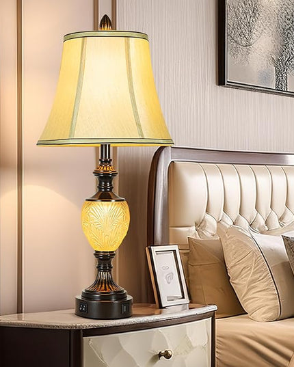 27'' High Vintage Table Lamp Set of 2 for Living Room Farmhouse Bedside Lamp with Fabric Shades Boho Nightstand Lamp with USB and Nightlight for Bedroom Home Office Hotel Bar (Bulb Included)