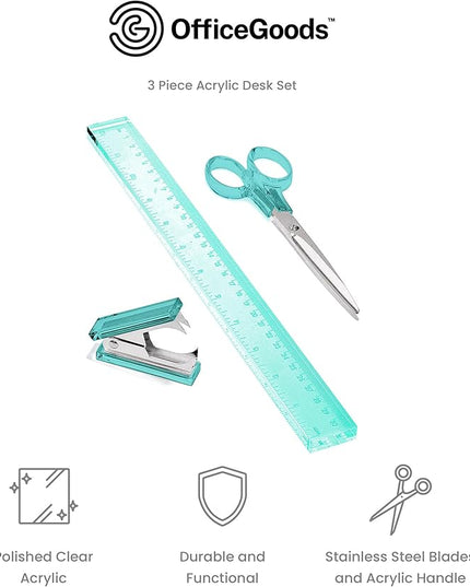 OfficeGoods 3 Piece Acrylic Desk Set - Includes Ruler, Staple Remover, Scissors - Functional & Elegant Desk Accessories - Stationery Tools for Home, Office, and School - Green with Silver Metal