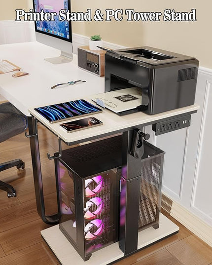 Height Adjustable Computer Tower Stand with Wheels and Charging Station,2-Tier PC Stand for Floor or Carpet,PC Holder Under Desk for ATX-Case,Office,Home,Gaming Room (White)