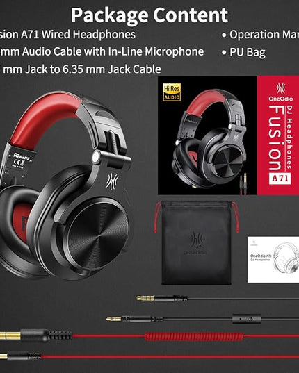 OneOdio A71 Hi-Res Studio Recording Headphones - Wired Over Ear Headphones with SharePort, Monitoring Mixing Foldable Headset with Stereo Sound, 3.5/6.35MM Jack for PC Computer DJ Guitar-Red