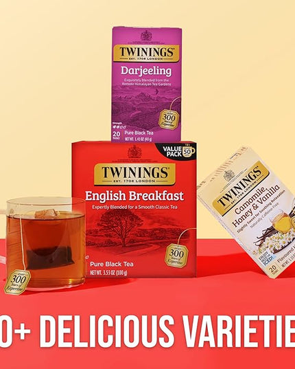 Twinings Darjeeling Black Tea Individually Wrapped Bags, 20 Count (Pack of 1), Delicate Light Taste, Caffeinated, Enjoy Hot or Iced, 20 Teabags