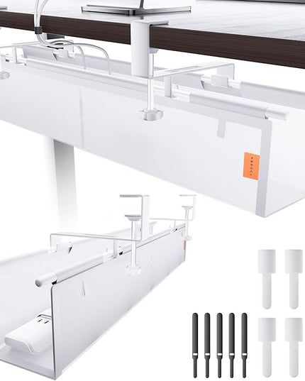 Under Desk Cable Management Tray No Drill, Cable Ties Included, Eco-Friendly Canvas Material, Mesh Design for Heat Dissipation, Cable Organizer/Storage for Standing Desk(27inch, White)