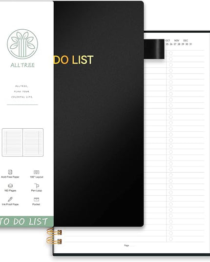 To Do List Notebook for Work, Daily To Do List Planner, ALLTREE To Do List Notebook Spiral Planner, Work Planner with Pocket, Pen Loop, 160 Pages, Black (7"x10")