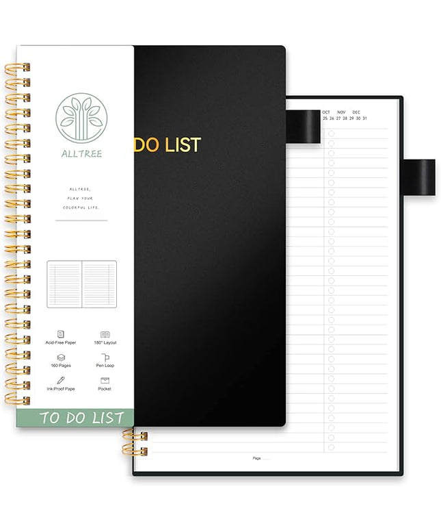 To Do List Notebook for Work, Daily To Do List Planner, ALLTREE To Do List Notebook Spiral Planner, Work Planner with Pocket, Pen Loop, 160 Pages, Black (7"x10")