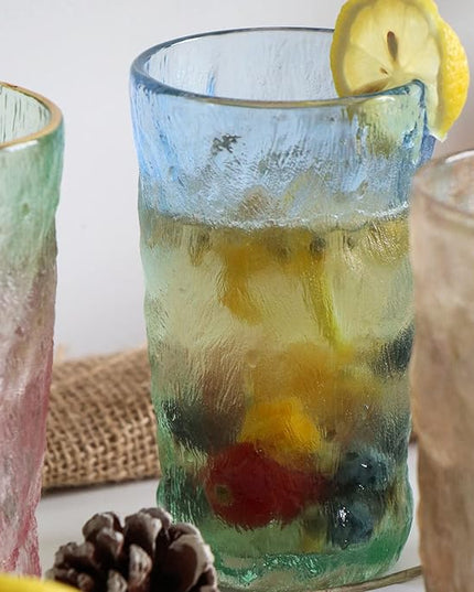 TOSSOW Drinking Glasses Set of 2,Mixed Drink Glassware Sets Glacier Pattern Colorful Glass Water Cups for Wine, Beer, Juice, Mojito and Cocktail(12 oz)