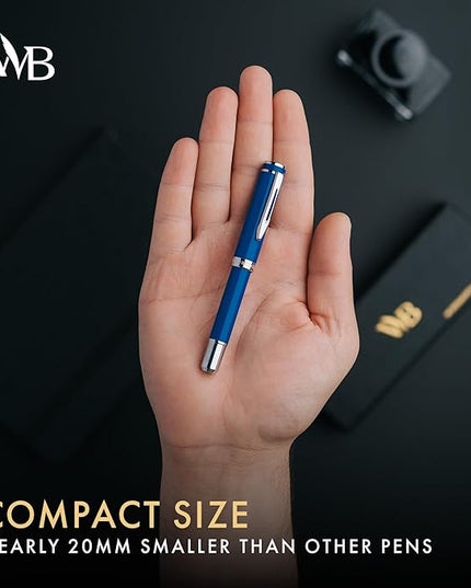 Wordsworth and Black Fountain Pen Mini EDC: Luxury Blue Heavy Pocket Pen, Chrome Finish, Medium Nib, 6 Ink Cartridges, Ink Converter, Travel Refillable Writing Pen Gift Set, Men & Women