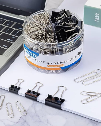 FUDAO FAMILY Paper Clips & Binder Clips, 340 PCS Assorted Sizes, Silver & Black, Metal, Medium, Large, Small
