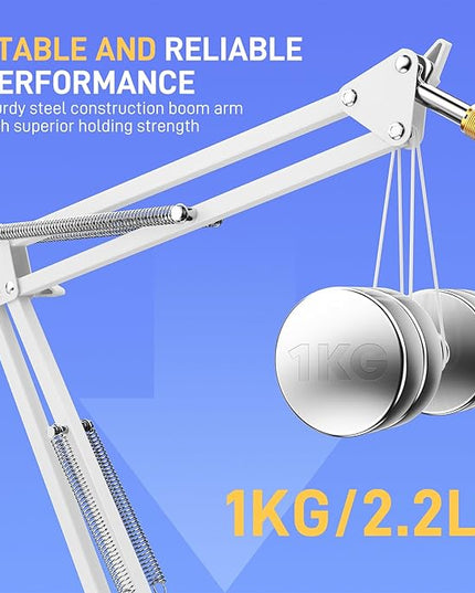 MAONO Boom Arm Microphone Stand: Adjustable Metal Suspension Mic Boom Arm for Podcasting Gaming Streaming Recording,with Desk Clamp and 3/8" to 5/8" Screw Adapter-Max Load 1KG BA20 White