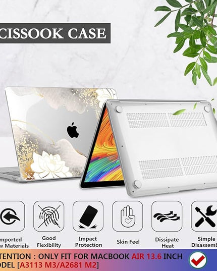 CISSOOK for MacBook Air 13.6 inch Case 2025 2024 2023 2022 Release Model M3 A3113 M2 A2681, Lotus Hard Shell Case Keyboard Cover for MacBook Air 13 M2 M3 M4 Chip, Charming Painting