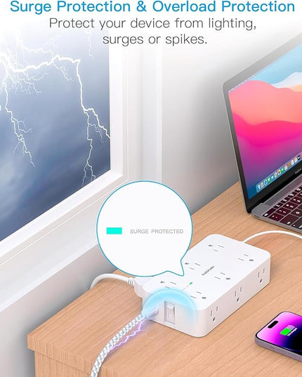 Extension Cord 15 Ft, HANYCONY Power Strip Surge Protector 12 Outlets 4 USB Ports (2 USB C), Large Desk Power Strip with Long Cord, Flat Plug, Wall Mount for Office Home College Dorm Room Essentials