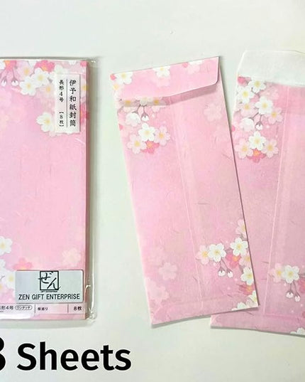 Japanese Cherry Blossom Envelopes 8 Pack, Made in Japan, (Dark Pink), Elegant Washi Paper, Self Sealing, Sakura