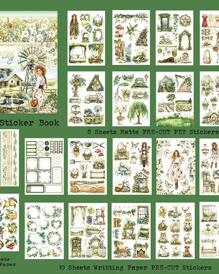 Dwpetzo Spring Cottage Scenery Scrapbook Stickers, 20 Sheets A5 Pre-Cut PET Washi Stickers Book for Journaling, Junk Journal Supplies, Bujo, Collage, Crafts Arts