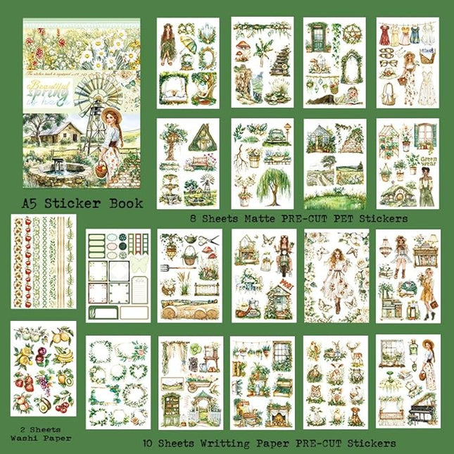 Dwpetzo Spring Cottage Scenery Scrapbook Stickers, 20 Sheets A5 Pre-Cut PET Washi Stickers Book for Journaling, Junk Journal Supplies, Bujo, Collage, Crafts Arts