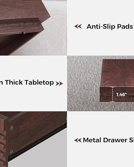 IRONCK Coffee Table with LED Light and Charging Station, 4 Storage Drawers with Grille Design, Square Coffee Table for Living Room Office Reception Room (Walnut)