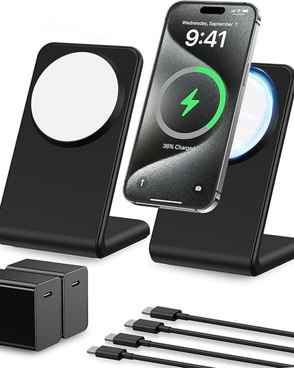 2 Pack Meifigno for MagSafe-Compatible Charger Stand with [20W USB C Charger Block & USB C Cable x2], Fast Charging Wireless Charger for iPhone 15 Pro Max/15 Pro/14 13 12 Series, AirPods 3/Pro, Black
