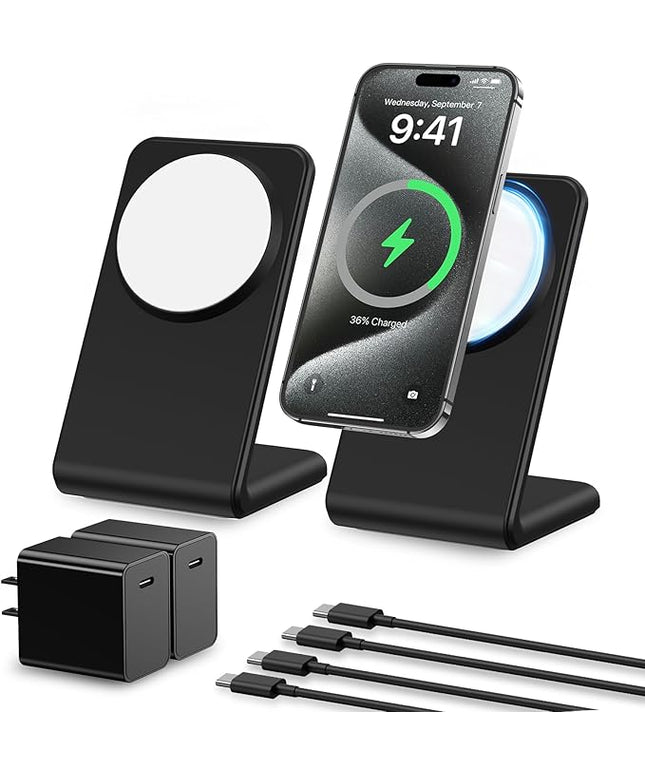 2 Pack Meifigno for MagSafe-Compatible Charger Stand with [20W USB C Charger Block & USB C Cable x2], Fast Charging Wireless Charger for iPhone 15 Pro Max/15 Pro/14 13 12 Series, AirPods 3/Pro, Black
